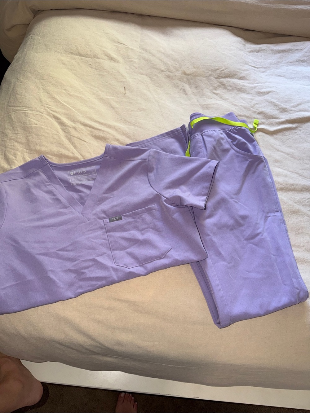 Figs Lavender Scrub Top and Pants with Neon Trim